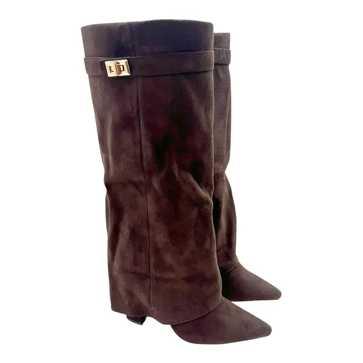 SARAH™ - 4-Inch Heel Suede Long Heeled Fold-Over Buckle Boots for Women Stylish Walking Shoes