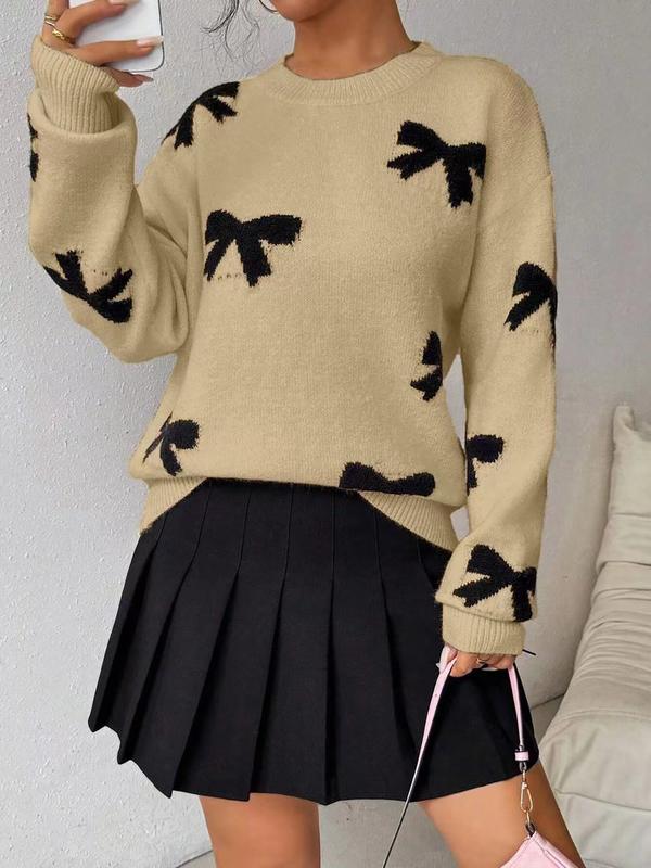FRANCES™ - Fashionable Bow Print O-Neck Knit Winter Sweater Pullover